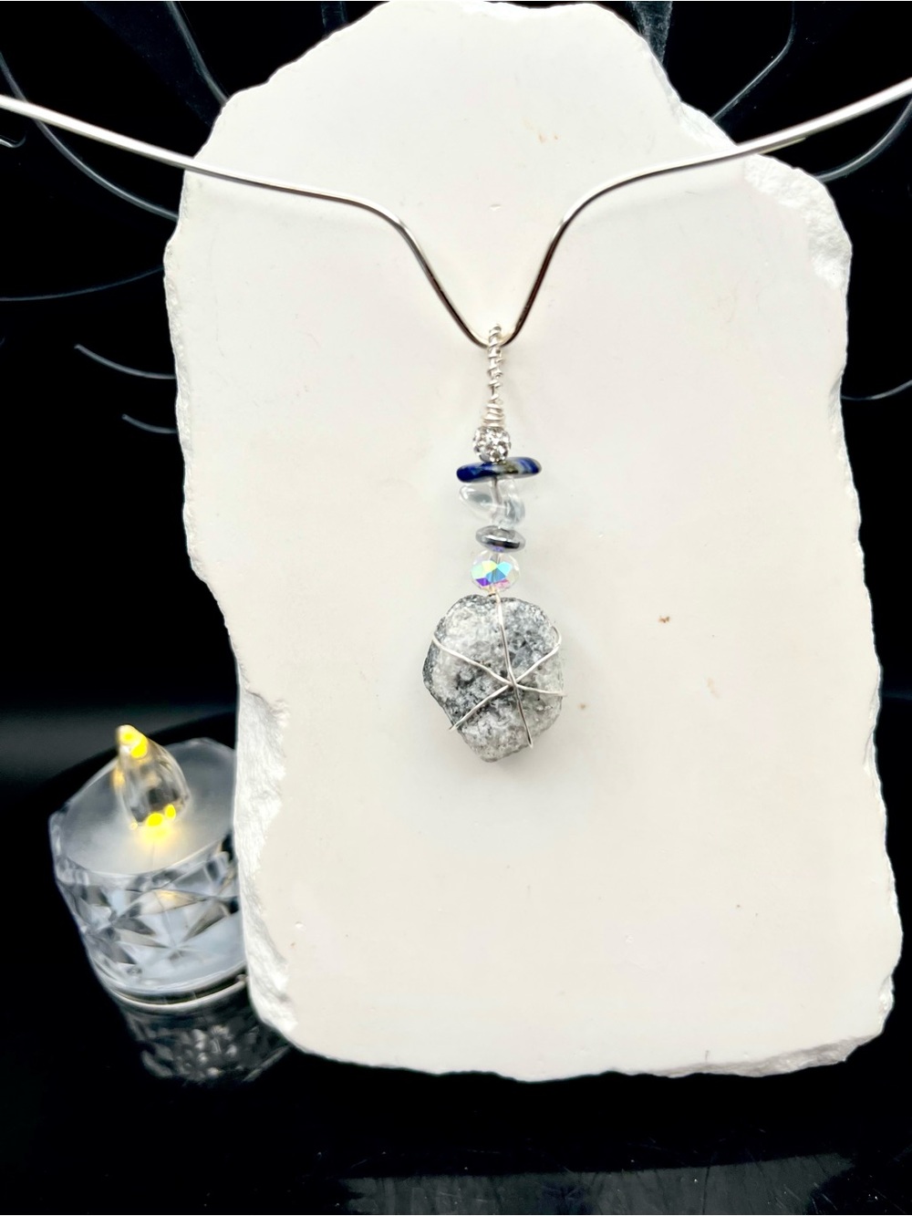 Handcrafted Silver Wire-Wrapped Gray Stone Pendant Necklace